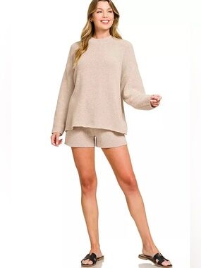 Zenana Outfitters Neutral Knit Top and Shorts Set in Beige